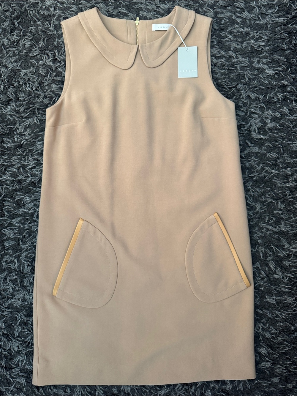Sandro Sleeveless Shift Dress in Nude-Beige with leather trim (NEW) sz 2